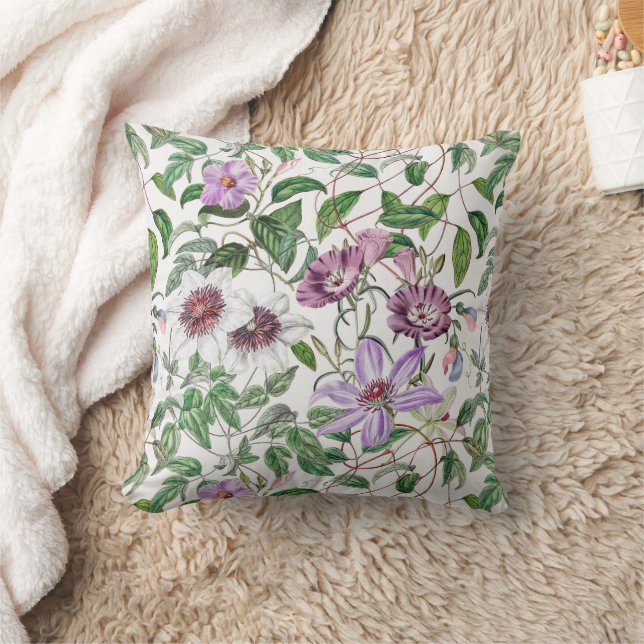 Lilac Green White Vintage Botanical Flowers Cushion (Blanket)