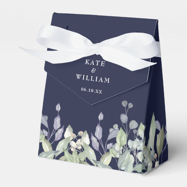 Lilac Greenery Floral Navy Blue Wedding Favour Box (Front Side)