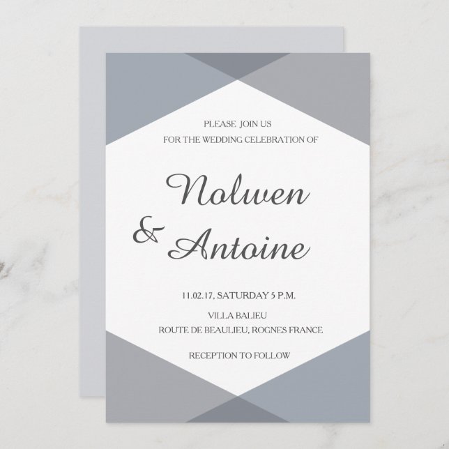 Lilac grey blue geometric elegant modern wedding invitation (Front/Back)