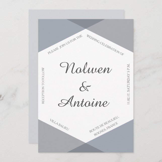 Lilac grey blue hexagon elegant modern wedding invitation (Front/Back)
