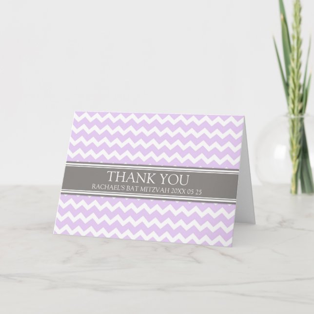 Lilac Grey Chevron Bat Mitzvah Thank You Card (Front)
