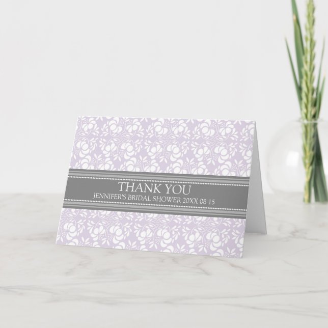 Lilac Grey Damask Bridal Shower Thank You Card (Front)