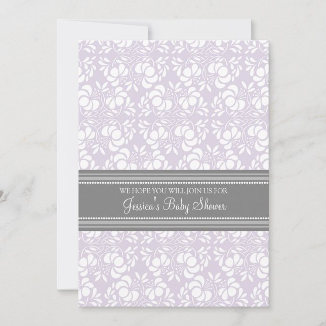 Lilac Grey Damask Custom Baby Shower Invitations (Front)