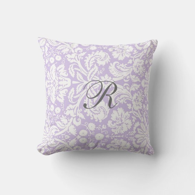 Lilac Grey Damask Pattern Monogram Pillow (Front)