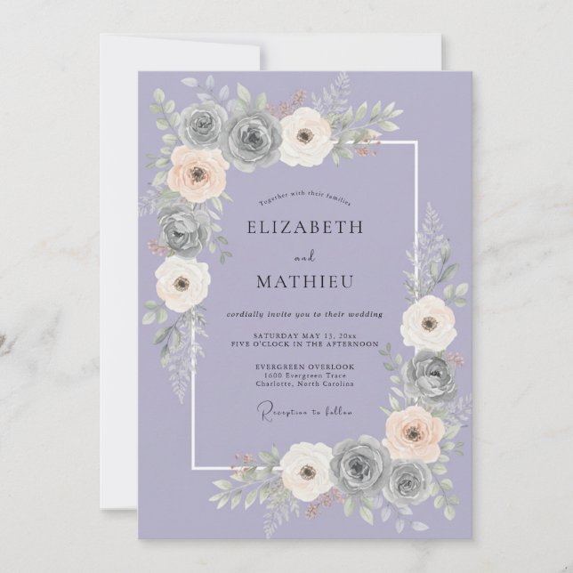 Lilac Grey Petal Wedding Invitation (Front)