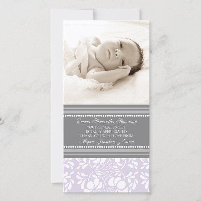 Lilac Grey Thank You Baby Shower Photo Cards (Front)