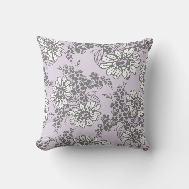 Lilac Grey White Floral Decorative Pillow (Front)