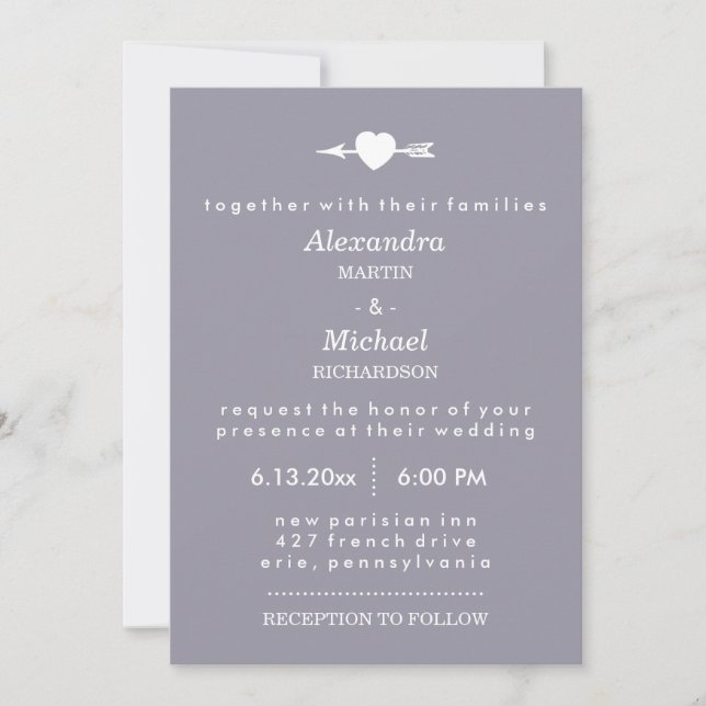 Lilac Grey with Heart and Arrow Elegant Wedding Invitation (Front)