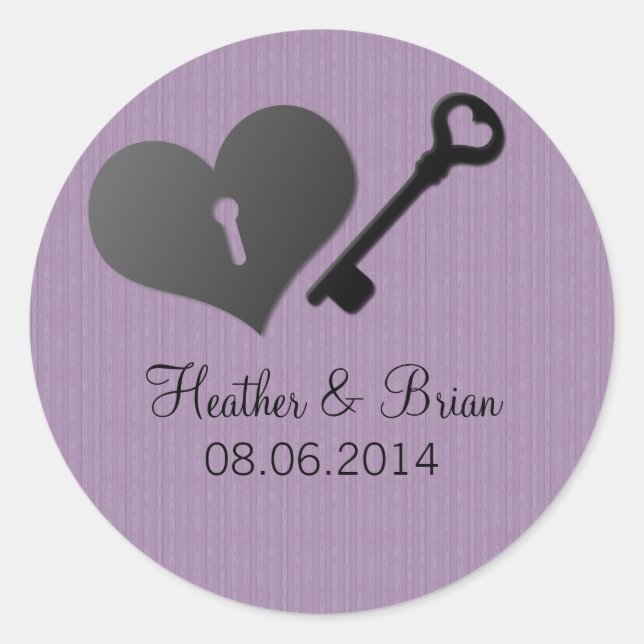Lilac Heart Lock and Key Wedding Stickers (Front)