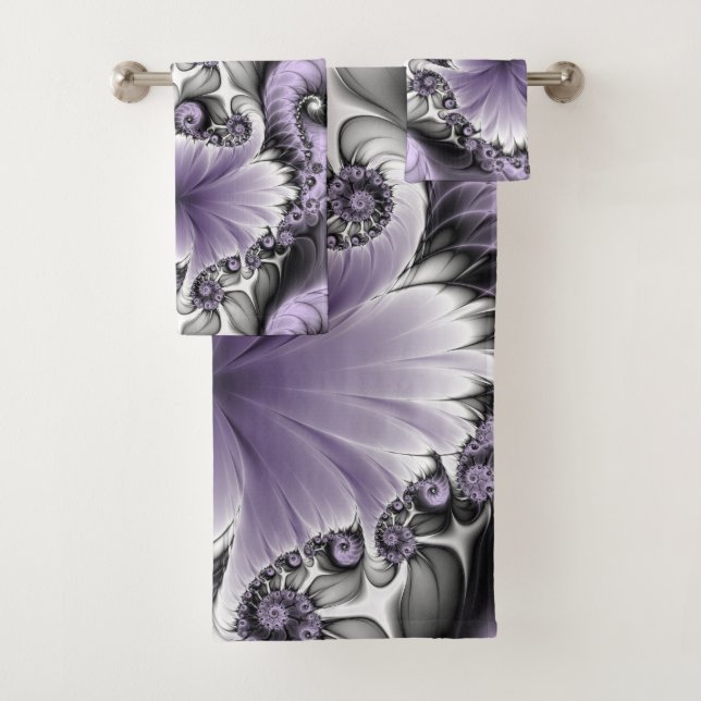 Lilac Illusion Abstract Floral Fractal Art Fantasy Bath Towel Set (Insitu)