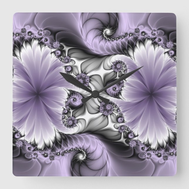 Lilac Illusion Abstract Floral Fractal Art Fantasy Square Wall Clock (Front)