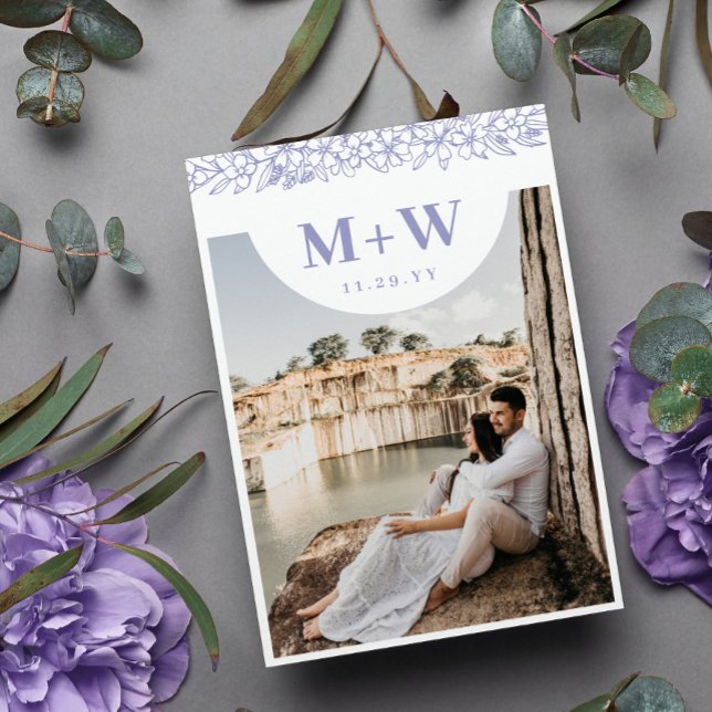 Lilac Initials & Flowers Modern Photo Double Sided Save The Date (Creator Uploaded)