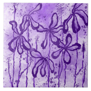 Lilac Inked Flowers Ceramic Tile