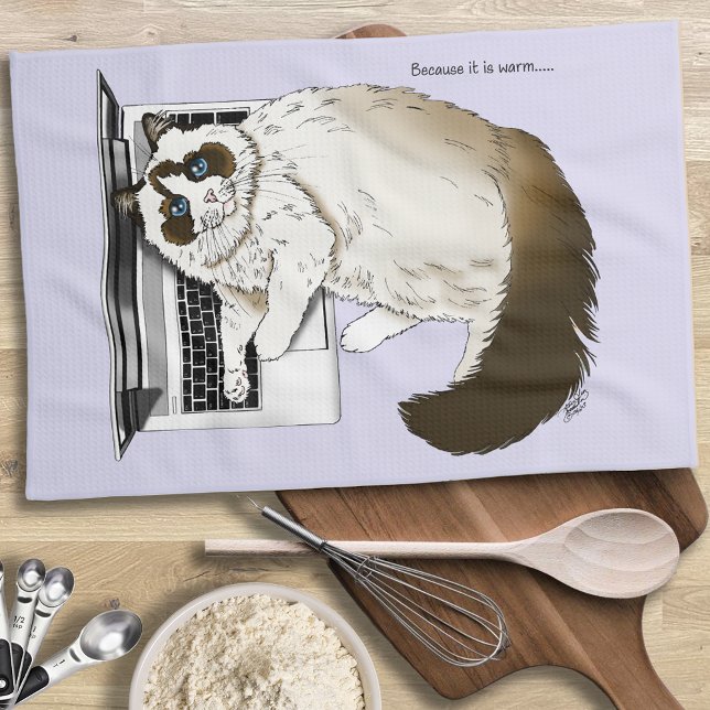 Lilac Laptop Cat Funny Cat Tea Towel (Creator Uploaded)