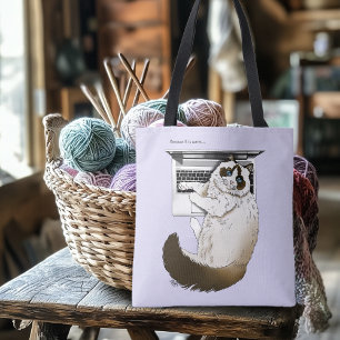 Lilac Laptop Cat Funny Cute Tote Bag