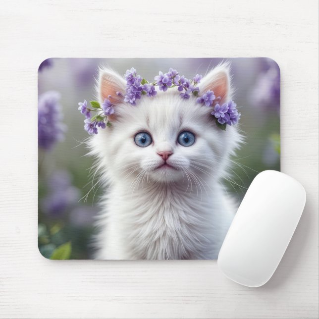 Lilac Laurel On White Kitten Mouse Pad (With Mouse)
