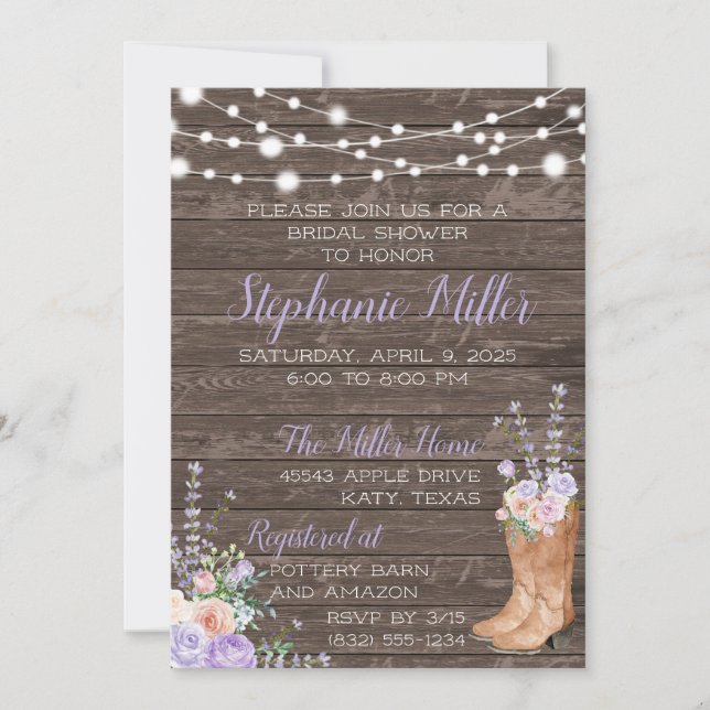 Lilac Lavendar Country Floral Cowboy Boot Invitation (Front)