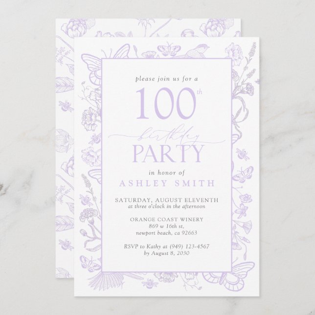 Lilac Lavender 100th Birthday Party Floral Elegant Invitation (Front/Back)