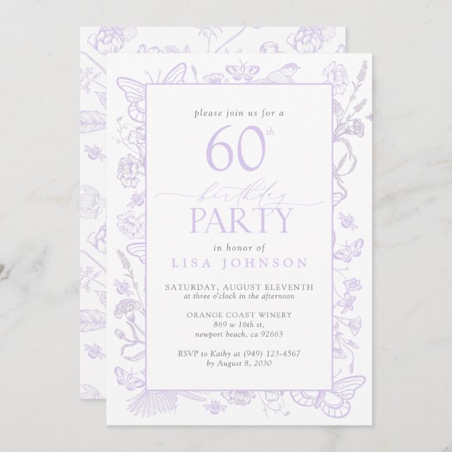 Lilac Lavender 60th Birthday Party Elegant Flowers Invitation (Front/Back)