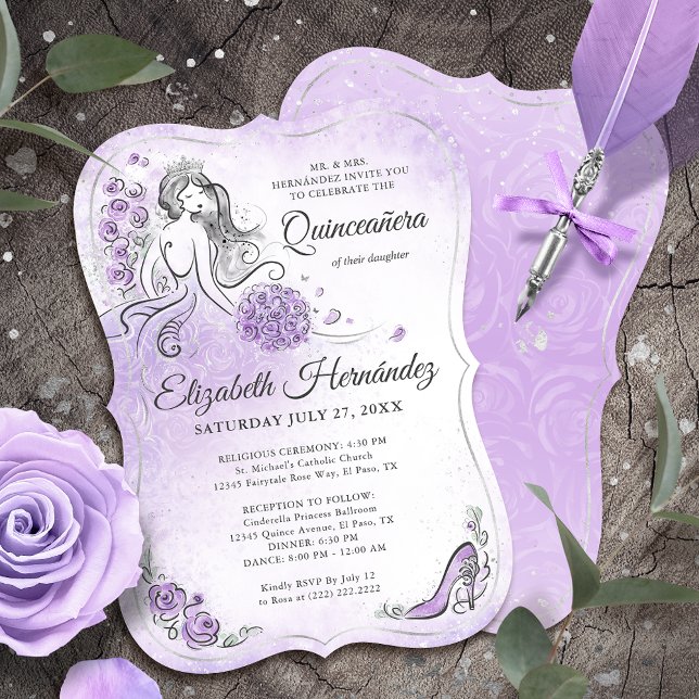 Lilac Lavender and Silver Princess Quince Birthday Invitation (Unique, downloadable lavender and lilac quinceanera invitations on an editable DIY template.)