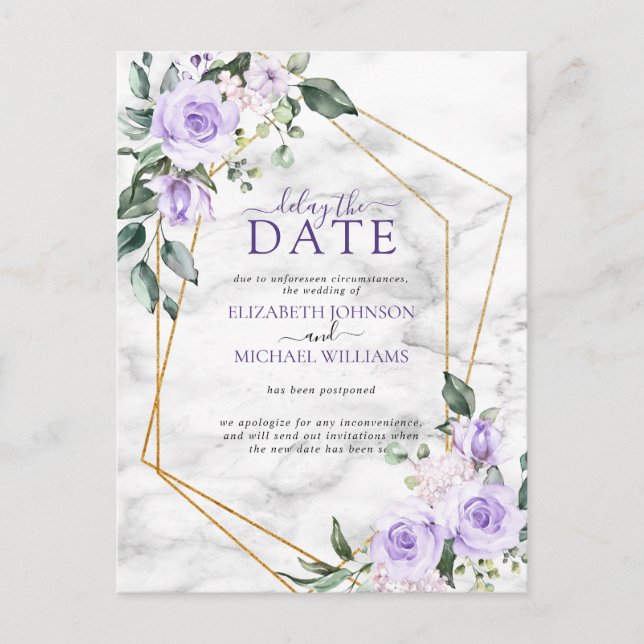 Lilac Lavender Gold Geometric Delay The Date Announcement Postcard (Front)