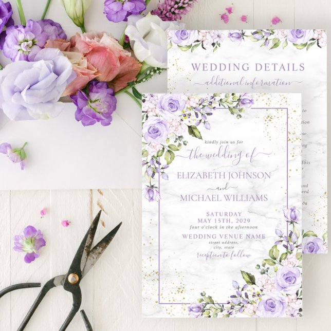 Lilac Lavender Gold Marble Floral Details Wedding Invitation (Creator Uploaded)