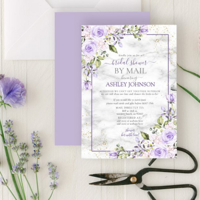 Lilac Lavender Gold Marble Floral Shower by Mail Invitation (Creator Uploaded)