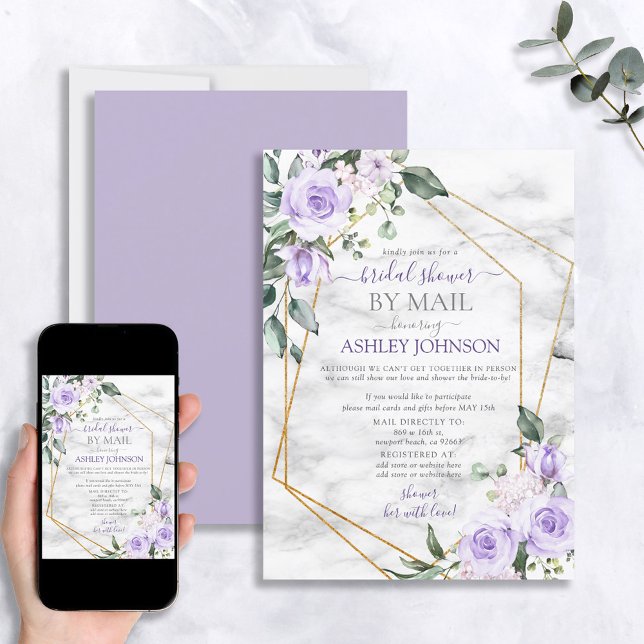 Lilac Lavender Gold Marble Floral Shower by Mail Invitation (Creator Uploaded)