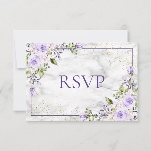 Lilac Lavender Gold Marble Floral Wedding RSVP (Front)