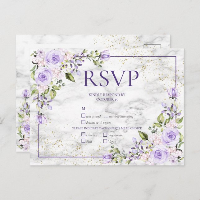 Lilac Lavender Gold Marble Floral Wedding RSVP Invitation Postcard (Front/Back)