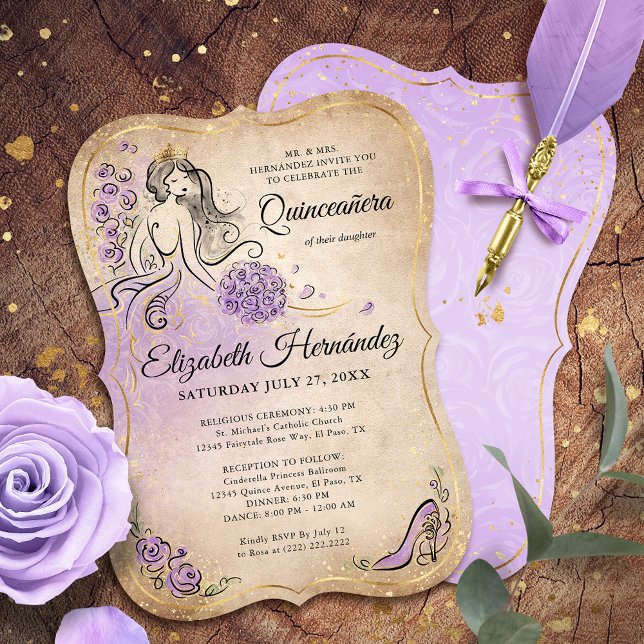 Lilac Lavender Gold Princess Quinceanera Birthday Invitation (Lilac lavender and gold princess quinceanera invitations that will make your birthday party sparkle!)