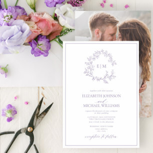 Lilac Lavender Leafy Crest Monogram Photo Wedding Invitation