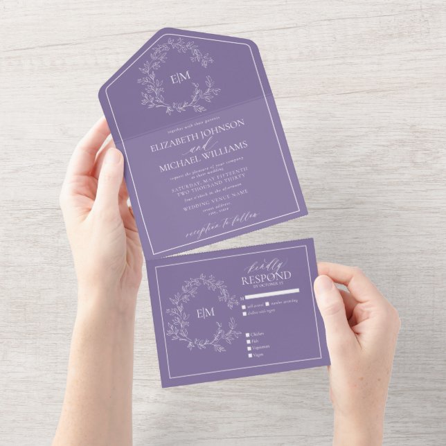 Lilac Lavender Leafy Crest Monogram Wedding  All In One Invitation (Tearaway)