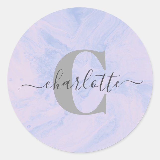 Lilac Lavender Marble Elegant Monogram Name Classic Round Sticker (Front)