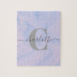 Lilac Lavender Marble Elegant Monogram Name Jigsaw Puzzle<br><div class="desc">Enjoy a relaxing activity with this personalised monogram puzzle, featuring a soft pastel watercolor background in shades of blue and purple. This charming puzzle is customised with your name and initial, making it a unique gift for friends, family, or yourself. Perfect for puzzle enthusiasts and anyone who appreciates personalised touches...</div>