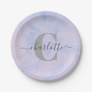 Lilac Lavender Marble Elegant Monogram Name Paper Plate