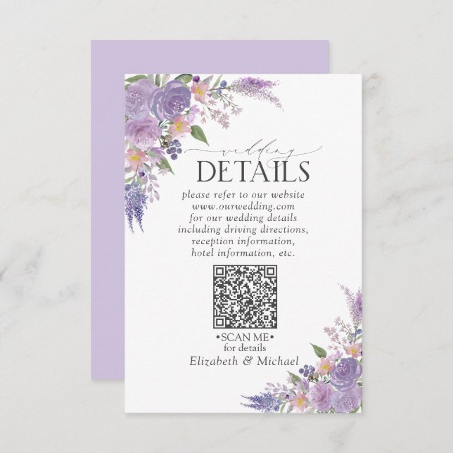 Lilac Lavender Mauve Floral QRCode Wedding Details Enclosure Card (Front/Back)