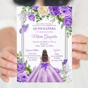 Lilac lavender purple silver Quinceanera Butterfly Invitation