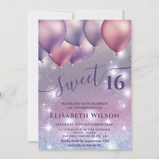Lilac lavender sparkling glittery ombre balloon invitation (Front)