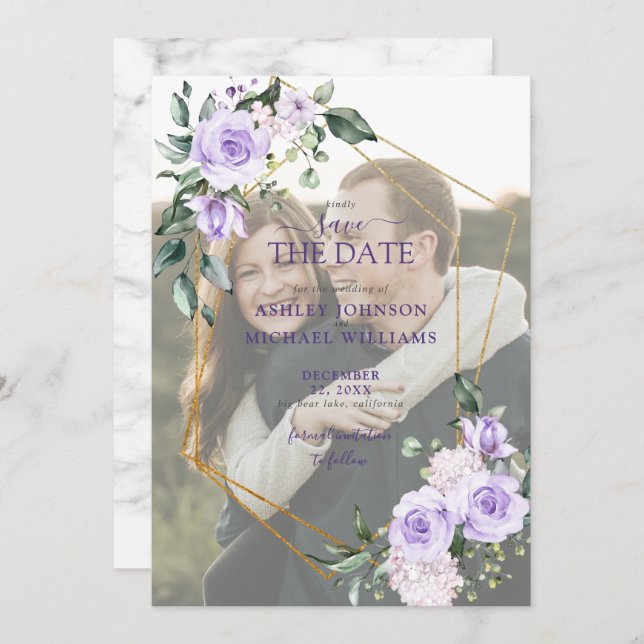 Lilac Lavender Vellum Overlay Photo Save the Date (Front/Back)