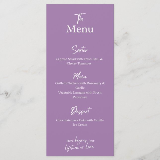 Lilac Lavender Wedding dinner Menu Card  (Front)