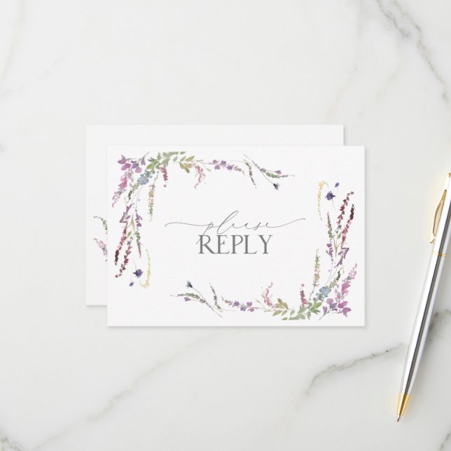 Lilac Lavender Wildflowers Watercolor Wedding RSVP Card (Front/Back In Situ)
