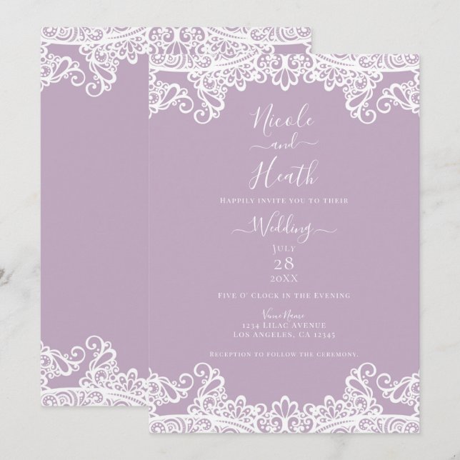 Lilac Mauve & White Lace Elegant Wedding   Invitation (Front/Back)
