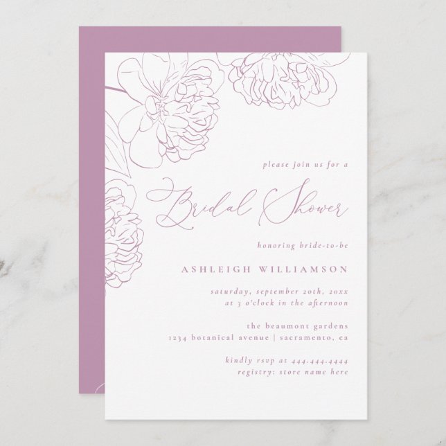 Lilac Minimalist Hand-drawn Peonies Bridal Shower Invitation (Front/Back)