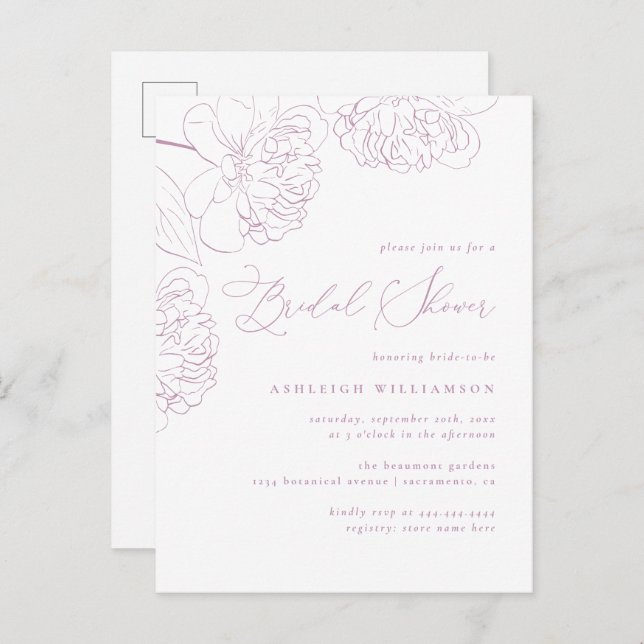 Lilac Minimalist Hand-drawn Peonies Bridal Shower Invitation Postcard (Front/Back)
