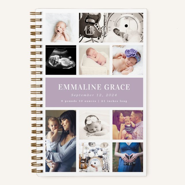 Lilac Modern Gallery Ten Baby Photo Collage Notebook (Front)