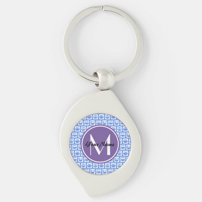 Lilac Monogram Blue and White Owl Pattern Key Ring (Front)