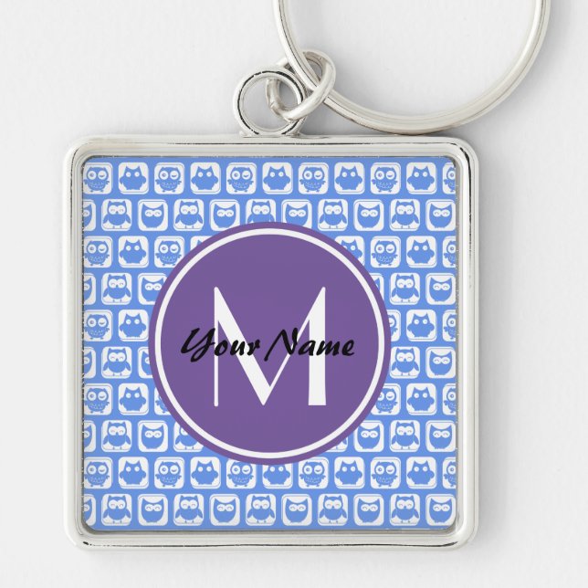 Lilac Monogram Blue and White Owl Pattern Key Ring (Front)