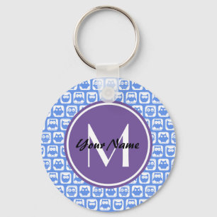 Lilac Monogram Blue and White Owl Pattern Key Ring