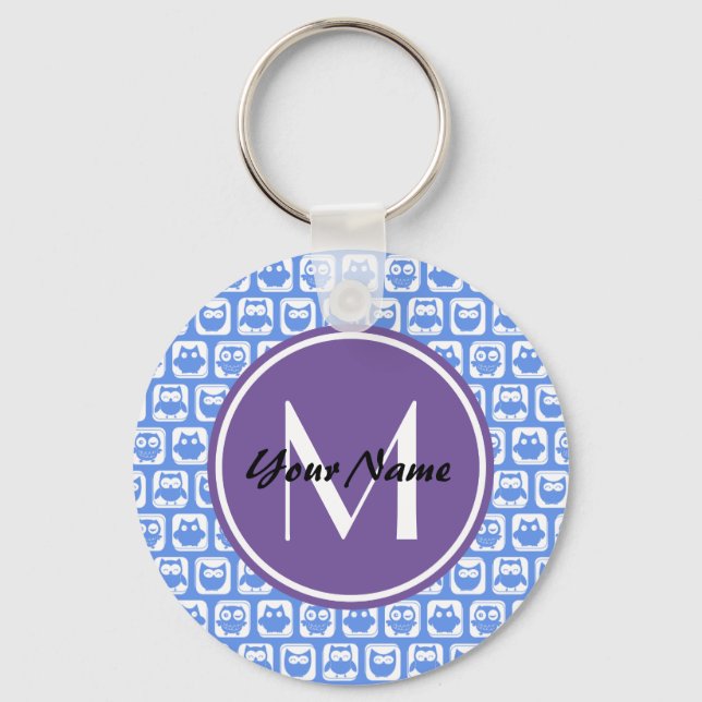 Lilac Monogram Blue and White Owl Pattern Key Ring (Front)